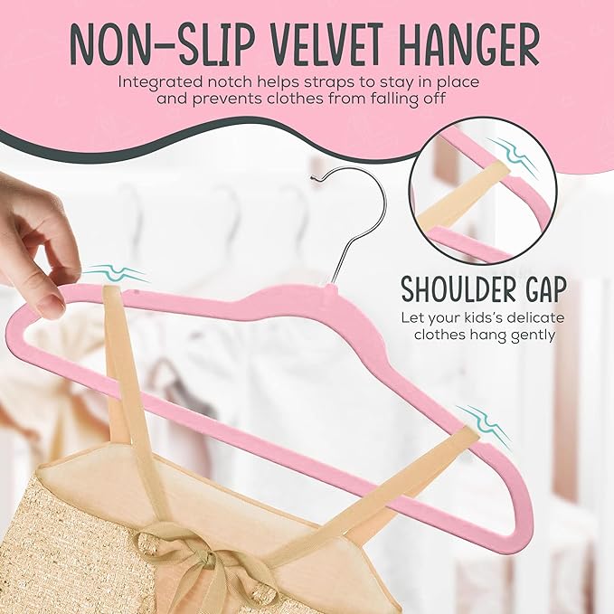TechZoo 50 Premium Kids Velvet Hangers - 14" Non-Slip Clothes Hangers for Kids & Preteens - Ultra Slim, Space-Saving, Strong & Durable Hangers with 360° Swivel Hook - Pink - Image 6