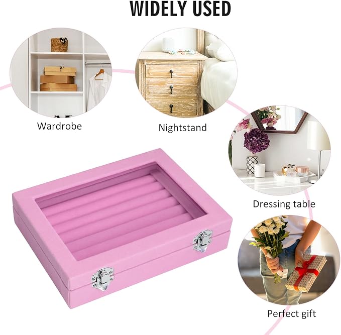 Vicoter Rings Organizer Tray 7 Slots Velvet Jewelry Earring Storage Box with Transparent lid Jewelry Display Case for Girls Wife Mom Women (Pink) - Image 6