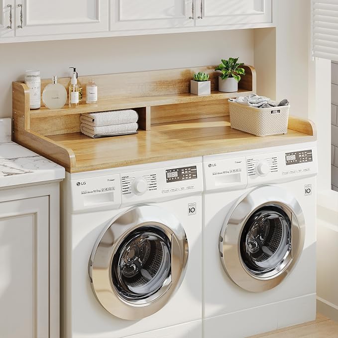 2-Tier Washer Dryer Countertop with 2.75"H Edge Rails, 54" W x 27.55" D Laundry Countertop for Folding Clothes, Washer and Dryer Topper with Non-Slip Pad (Pure Wood Color) - Image 5