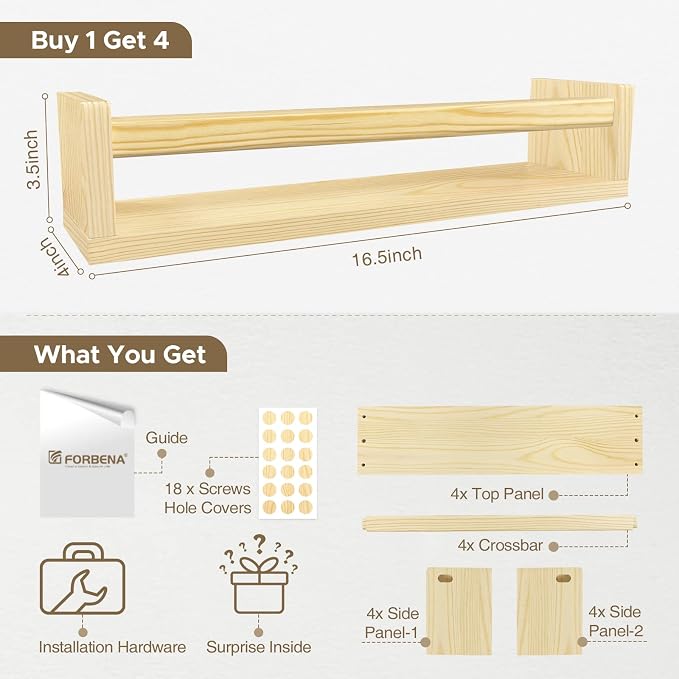 Forbena Natural Wood Nursery Book Shelves Wall Mounted, Floating Bookshelf for Kids Room, Toys and Books Storage Organizer Bookshelves for Toddler Child Bedroom Bathroom (4 Pack Natural Wood) - Image 3