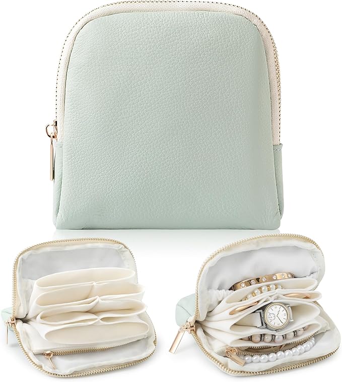 Genuine Leather Travel Jewelry Organizer Case Pouch Bags with Zipper, Small Mini Portable Jewelry Storage Bag for Ring Earrings Necklace Bracelet Travel Essentials Gift for Women（Mint Green） by NGVRC