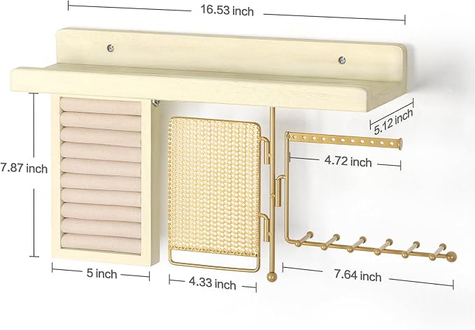 SOLIMINTR Hanging Jewelry Organizer Wall Mount with Rustic Wood Shelf, Ring Display Box, Ear Studs Earring Holder, Rotating Necklace Holder Organizer Gold - Image 5