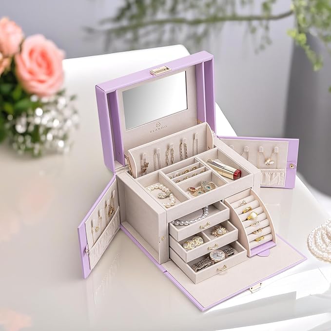 Vlando Mirrored Jewelry Box Organizer, Leather Jewelry Storage Case, Necklaces Earrings Rings Brackets Box Holder, Purple - Image 5