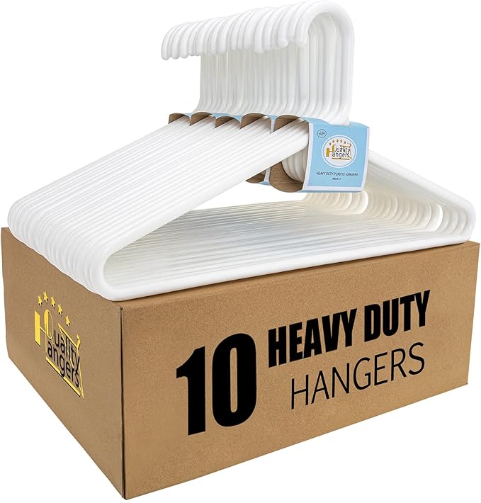 Quality White Plastic Hangers 10 Pack - Super Heavy Duty Multipack for Clothes - Thick Strong Standard Closet Clothing Hangers with Hook for Scarves and Belts-17 for Coats (White, 10) by QualityHangers