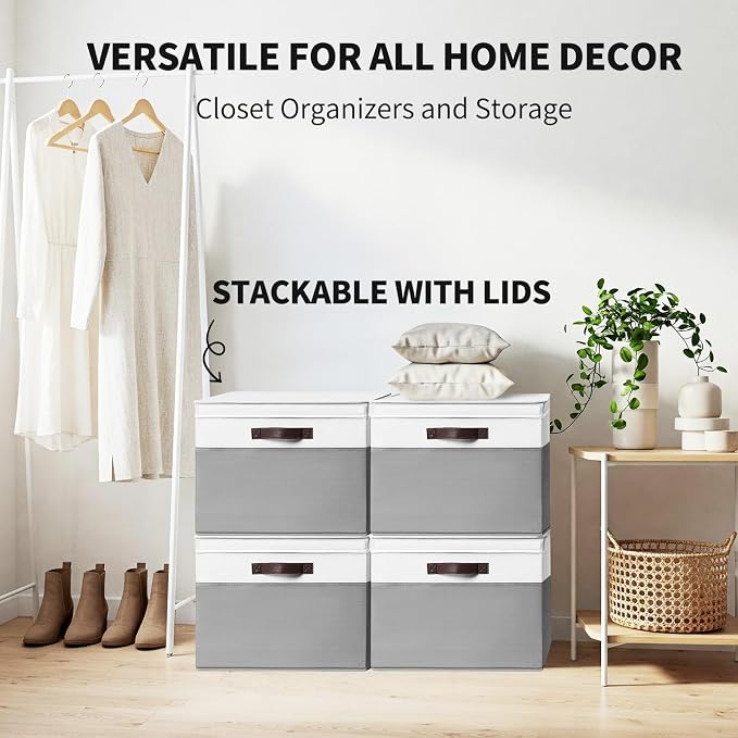 2 Pack EXTRA LARGE Blanket Storage Baskets with Lids, 22”x16”x12” Closet Organizers Bins for Clothes Towel/ Storage Box with Lid Handles/ Stackable Decorative Fabric Bins for Living Room, Nursery - Image 3
