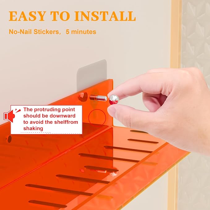 4 Pack Floating Shelves –15'' Orange Acrylic/PET Wall-Mounted No Drill Storage with Adhesive, Bathroom & Bedroom Shelving for Kitchen, Living Room, Home Decor - Image 7