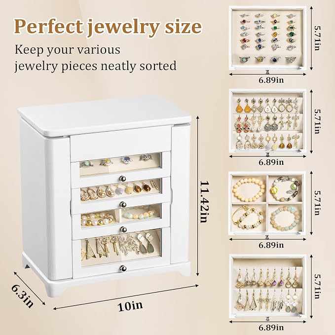 Large Jewelry Box & Organizer for Women, Wooden Jewelry Storage with 4 Transparent Drawers, Holds Necklaces, Rings, Bracelets, Earrings and Watches(White) - Image 3
