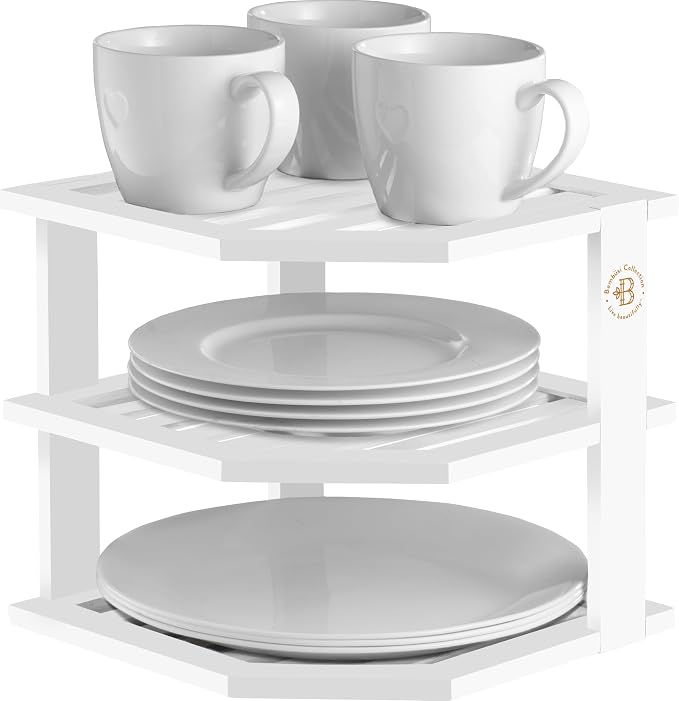 Bambüsi Plate Organizer for Cabinet - Corner Cabinet Organizer and Kitchen Cabinet Organizer Shelf, Kitchen Countertop Organizer for Plates, Dishes and Bowls, Space Saving Corner Rack, White - Image 7