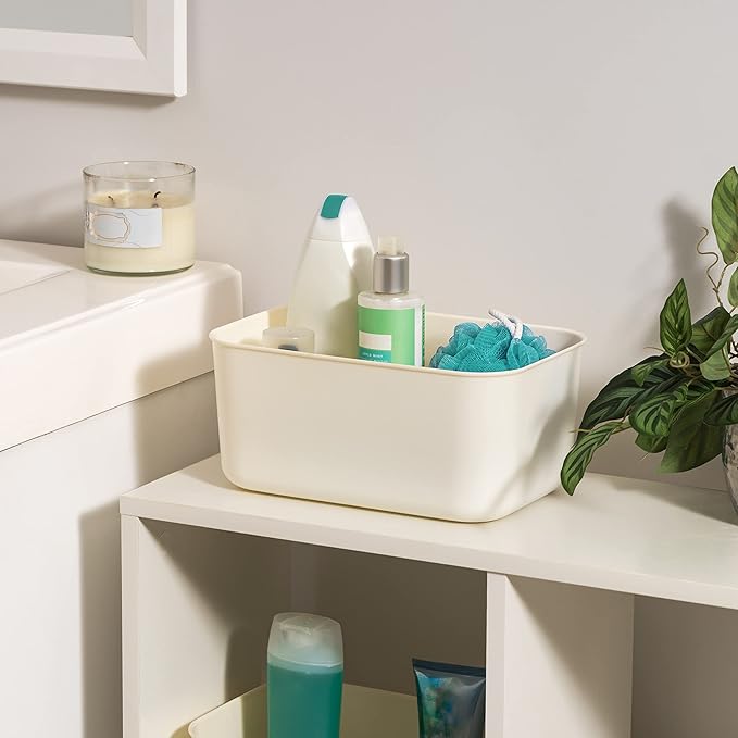 IRIS USA 7 Qt. Plastic Basket Storage Bins with Lids, Small, 4-Pack, Stackable Lidded Storage Organizer Bins for Kitchen, Bathroom and Bedroom, Off White