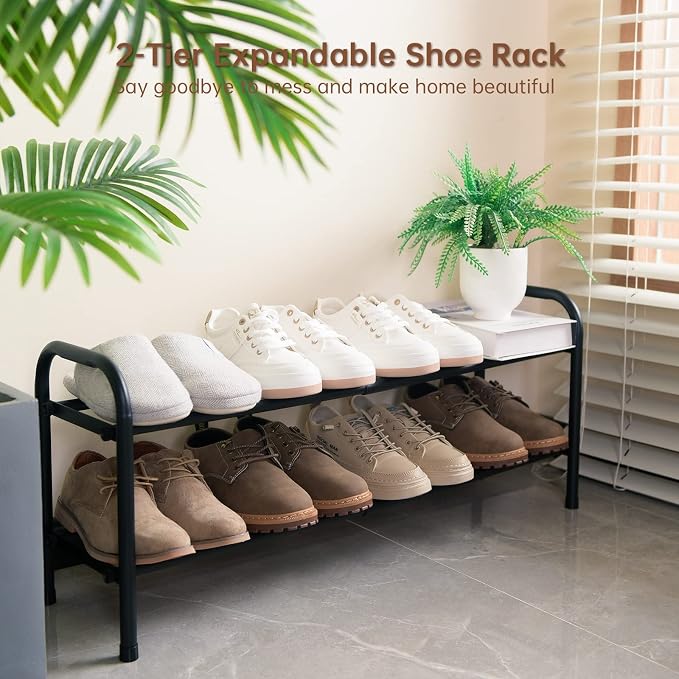 Gonfoam 2-Tier Expandable Shoe Rack,Adjustable Shoe Shelf Storage Organizer Heavy Duty Metal Free Standing Shoe Rack for Entryway Closet Doorway (Black) - Image 2