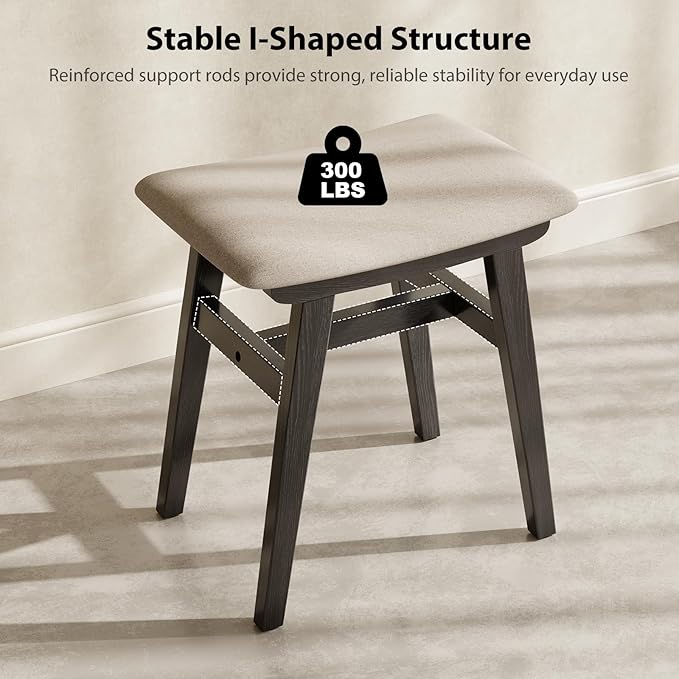 Muwuele Solid Wood Vanity Stool, Compact Makeup Chair with Saddle Cushion, Linen-Covered High Rebound Sponge Seat, Easy Assembly Footstool for Bedroom, Entryway, Home, Black