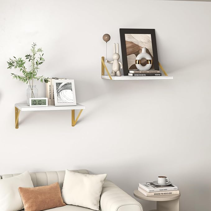 Heimlove Deep Floating Shelves for Wall, 16W x 12D Wood Wall Shelves Set of 2, Wide Floating Bookshelf for Living Room, Kitchen, Office, Bedroom and Decor Storage, with Golden Bracket - White & Gold - Image 6