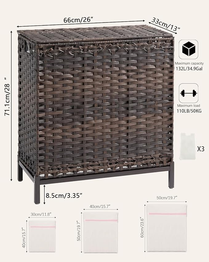 SETVSON Laundry Hamper with Lid 132 L, (35 Gallons) Clothes Hamper with Lid, Handwoven Rattan Laundry Hamper with Metal Heightened Feet, Laundry Hampers with 3 Removable Liner Bags for Laundry-Brown - Image 5