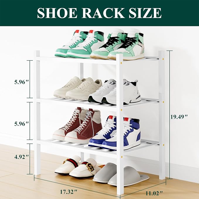 Smiry Shoe Rack, 3 Tier Small Bamboo Shoe Organizer, Stackable Free Standing Wooden Shoe Storage Shelf for Closet, Entryway, Front Door Entrance, White - Image 2