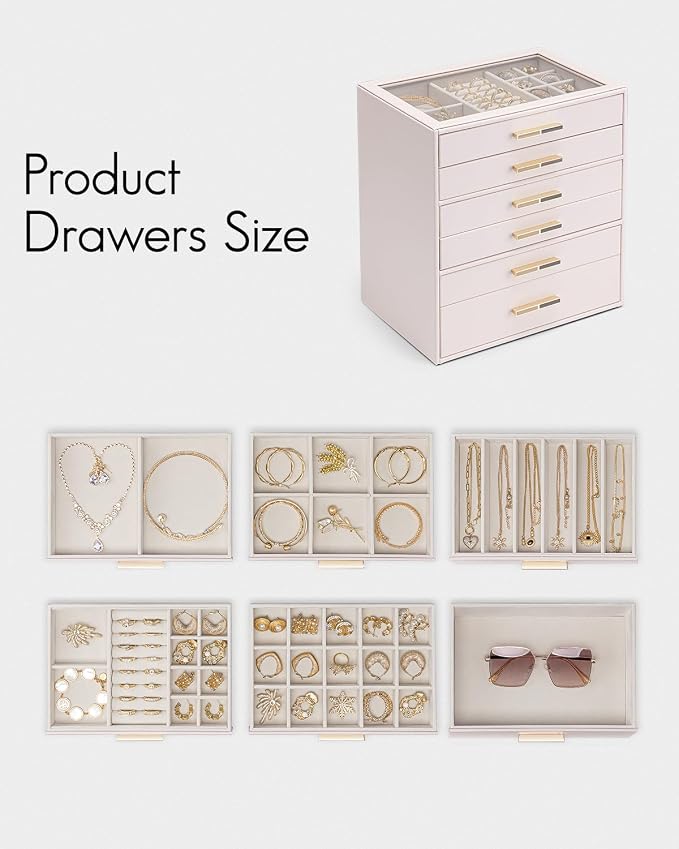 VLANDO 6 Layer Jewelry Box for Women, Glass Lid Jewelry Organizer with 6 Drawers for Necklaces Rings Earrings Bracelets - Light Pink - Image 7