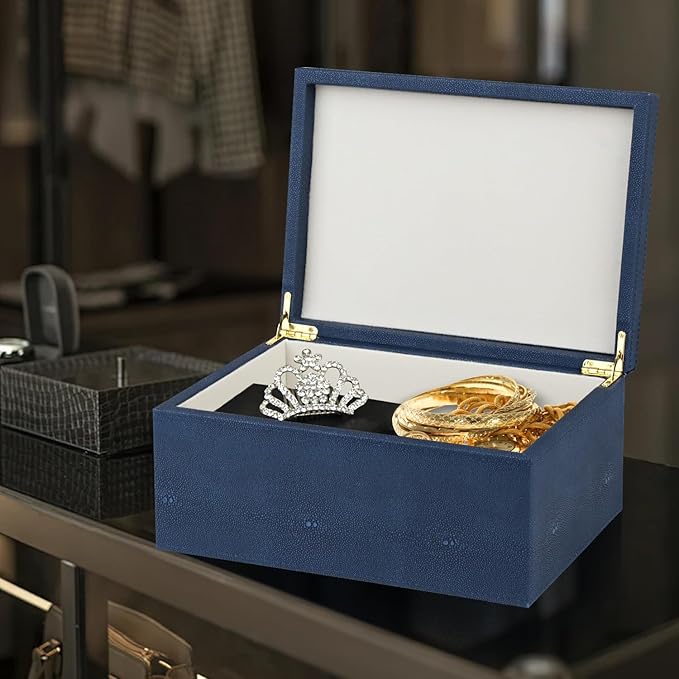 HofferRuffer Faux Leather Decorative Box, Large Wooden Structure Keepsake Box Accessory Organizer Jewelry Organizer with Hinged Lid, Storage Container for Home or Office (NavyBlue Shagreen) - Image 4