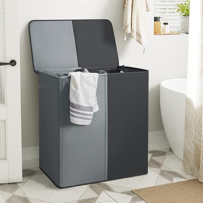WOWLIVE Double Laundry Baseket with Lid and Removable Laundry Bags,154L Large Laundry Hamper 2 Section Collapsible Dirty Clothes Hamper for Laundry Room,College Dorm,Bathroom, Black and Grey - Image 3