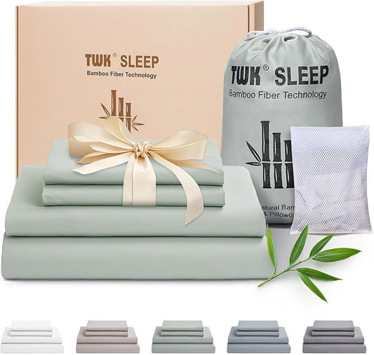 TWK Luxury Sheet Set, Genuine 100% Organic Viscose Derived from Bamboo, Cooling & Breathable, Silky Soft, Bedding Sheets & Pillowcases (Sea Glass, California King)