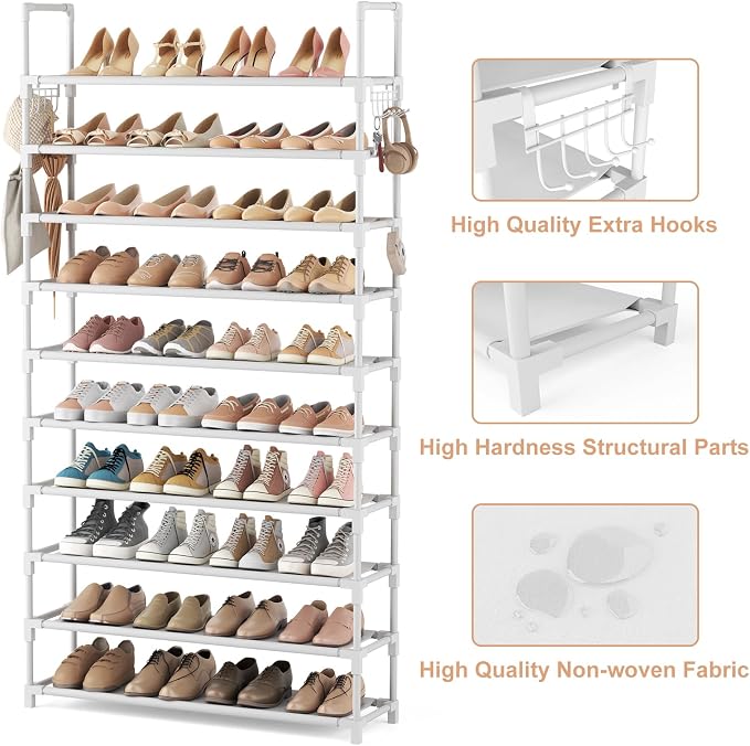 VTRIN 10 Tiers Shoe Rack Tall Large Capacity Wide Shoe Organizer Sturdy Shoe Shelf for Entryway with Two Hooks Metal Shoe Storage for Closet, Bedroom, White - Image 4