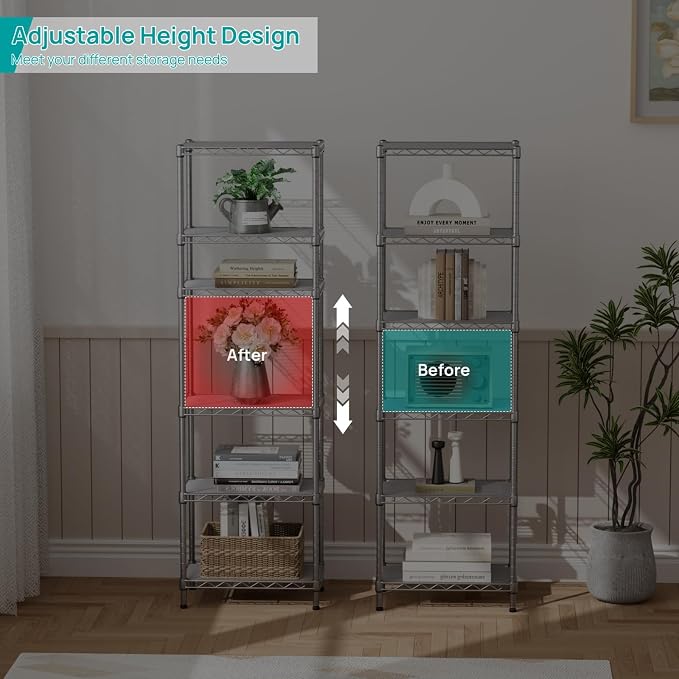 SINGAYE 6 Tier Shelf Wire Shelving Adjustable Storage Shelves Rack Standing Units for Kitchen Closet Laundry Bathroom Organizers Metal Pantry Narrow Mesh Gaps 10" D x 16" W x 60" H Gray - Image 7