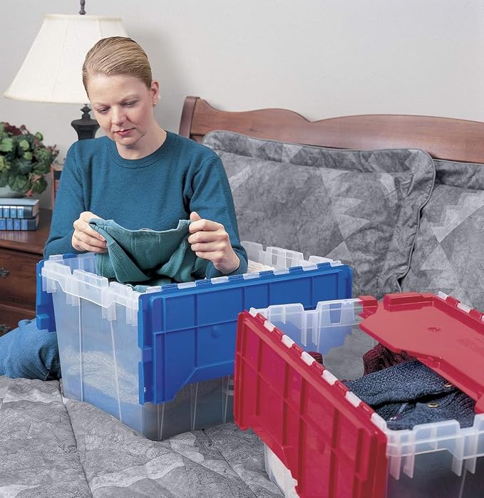 Akro-Mils KeepBox 12 Gallon Storage Container, Nesting and Stackable Plastic Storage Box with Lid Attached, Clear Tote for Garages, Closets, and Moving, 21-1/2" x 15" x 12-1/2", Clear/Red - Image 2