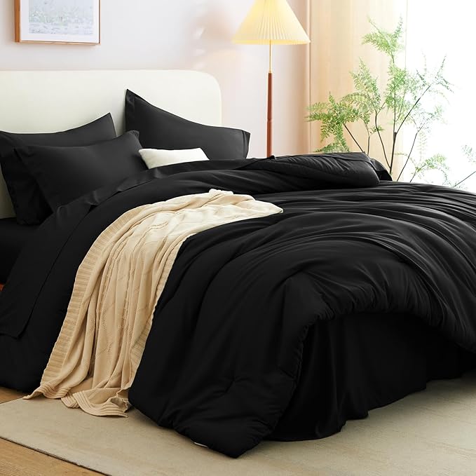 CozyLux King Comforter Set Black, 7 Pieces Bed in a Bag Soft Bedding Comforter Set with Sheets, All Season Boho 7PC Bed Sets with Comforter, Fitted Sheets, Flat Sheets, Pillow Shams and Pillowcases