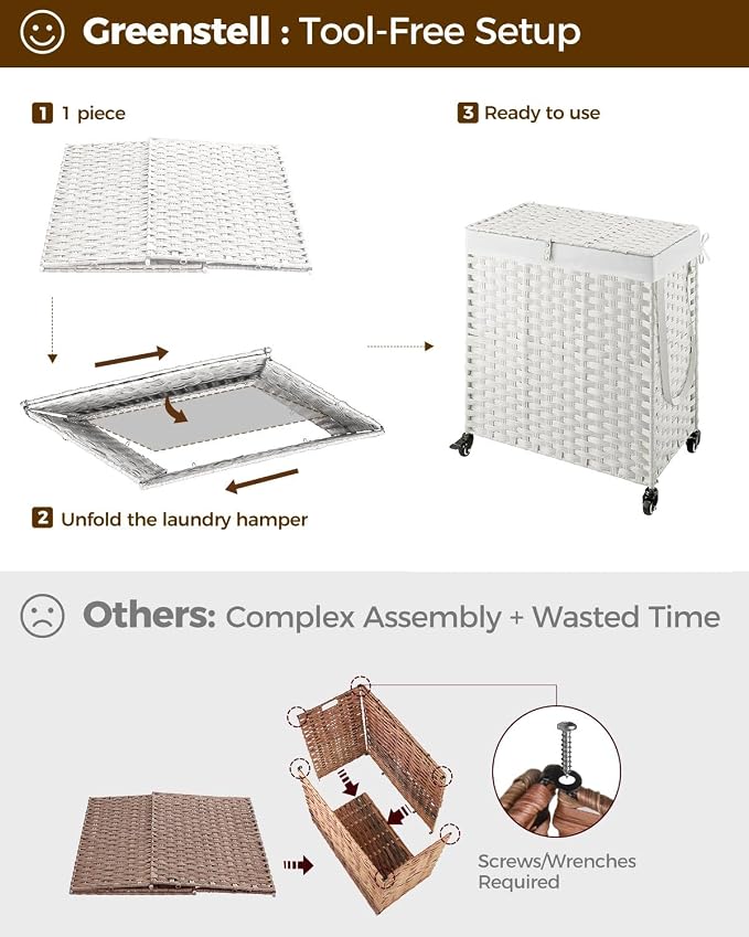 Greenstell Laundry Hamper with Wheels, No Install Needed, 110L Divided Handwoven Hampers & 2 Removable Liner Bags, Rattan Clothes Laundry Basket with Lid & Handles, Foldable Hampers White - Image 7