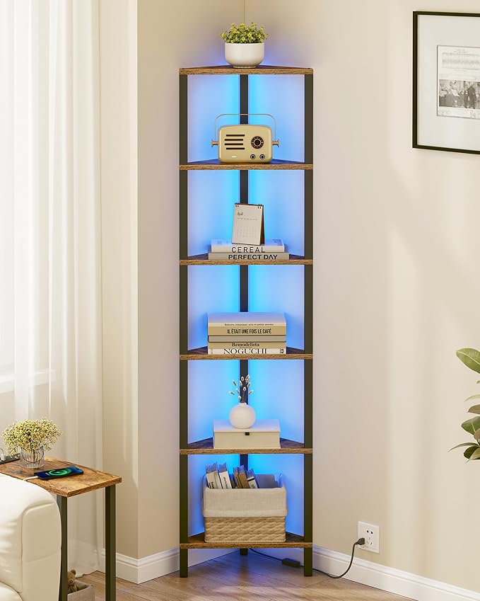 TUTOTAK Corner Shelf with LED Light, 6-Tier Corner Bookshelf for Small Space, Narrow Display Corner Shelf Stand with Storage Rack, for Living Room, Bedroom, Rustic Brown BS05BB006L by ChoosetutotakFurnitureBuildYourCozyHome