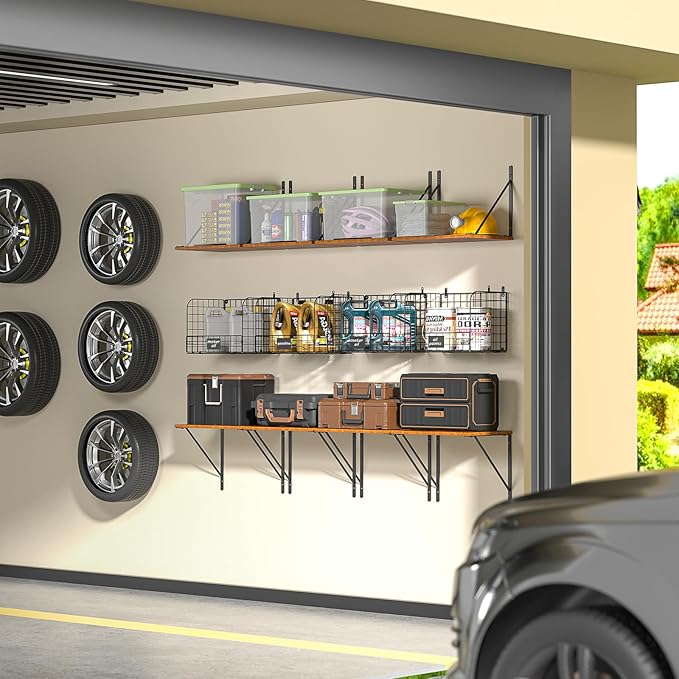 ThreeHio 2 Pack Garage Shelves Wall Mounted with Wire Storage baskets, Heavy Duty Garage Wall Shelving with Hooks, Wooden floating shelves Tool Organizer for Home Garden Garage Organizers and Storage - Image 2