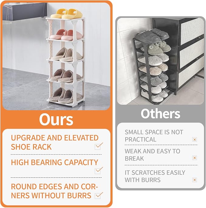 5 Tiers Shoe Rack Organizer for Closet Shoe Holder Storage Narrow Plastic Vertical, Free Standing Shoe Rack Shelf for Entryway Stackable Stability DIY, Beige - Image 5