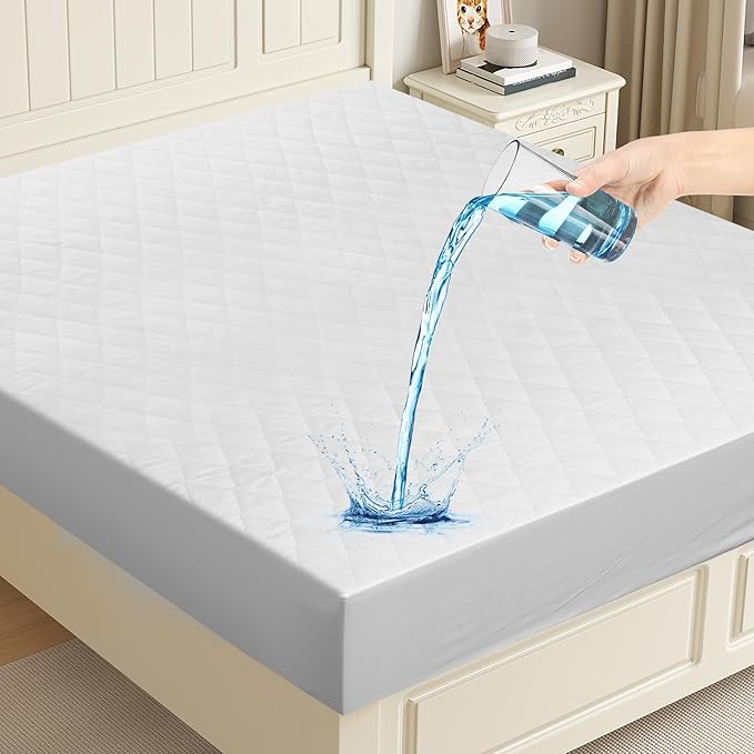Waterproof Mattress Protector, Quilted Queen Size Mattress Cover Pad Fiber Layer Absorbent Extra Deep 30cm Fitted Skirt Breathable Washable Mattress Topper for Home and Hotel Use 150x200cm