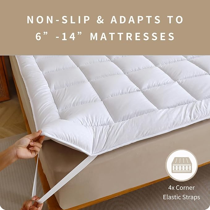 Quilted Fitted Mattress Pad, Elastic Fitted Mattress Topper Protector and Cover Stretches up to 14 Inches Deep, 4 Anchor Elastic Bands, Machine Washable (White, Twin)