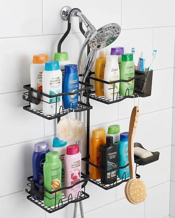 Shower Caddy Hanging – Rustproof Shower Organizer Hanging for Inside Shower – Over the Showerhead Rack with Soap Holder & Razor Hooks, No Drilling Bathroom Shower Shelves and Storage, Black - Image 2