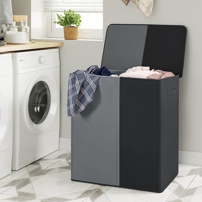 WOWLIVE Double Laundry Baseket with Lid and Removable Laundry Bags,154L Large Laundry Hamper 2 Section Collapsible Dirty Clothes Hamper for Laundry Room,College Dorm,Bathroom, Black and Grey - Image 2