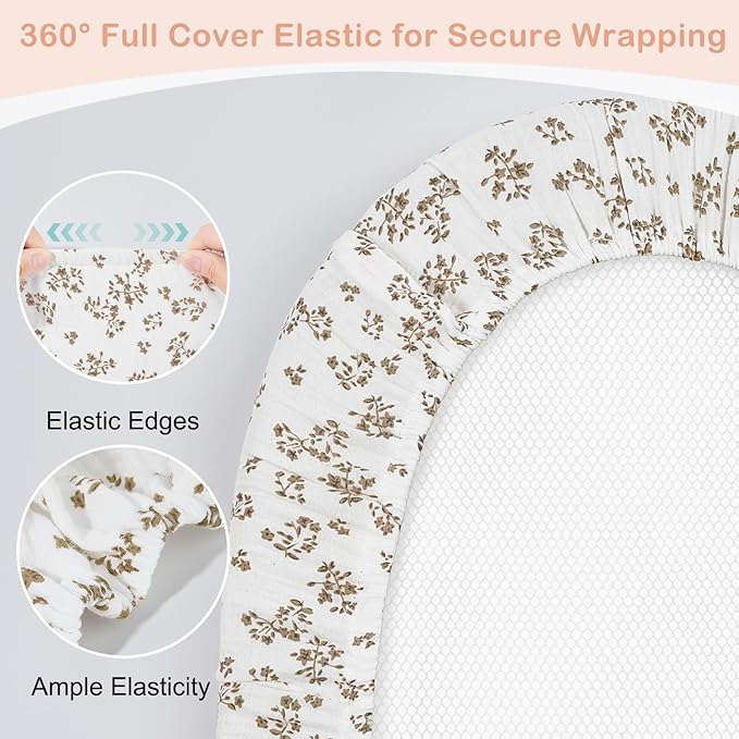 Basumee Muslin Bassinet Sheets for Baby Girl Boy 2 Pack Soft Breathable Baby Bedside Bassinet Fitted Sheets with Bottom Elastic Band Mattress Cover for Rectangle Oval Hourglass Bassinets