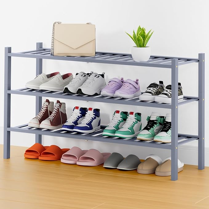 Smiry Shoe Rack, 3 Tier Thick Long Bamboo Shoe Organizer, Stackable Free Standing Wooden Shoe Storage Shelf for Closet, Entryway, Front Door Entrance, Grey by Smiry