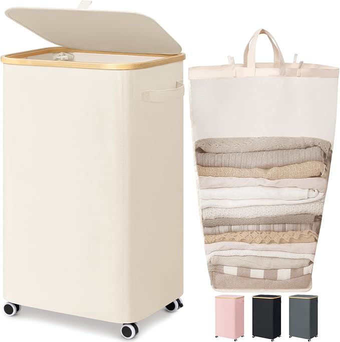 Goodpick Laundry Basket with Wheels, Large Laundry Hamper with Lid 100L Clothes Hamper with Removable Laundry Bag Collapsible Dirty Clothes Basket for Laundry Room, Bedroom, Beige by Goodpick