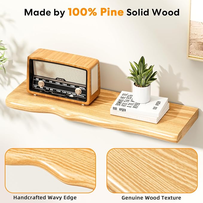 Floating Shelves for Wall 24 Inch Wooden Floating Shelves Live Edge Shelf with Unique Natural Grain Wall Mounted Rustic Pine Wood Shelf for Living Room Bedroom Kitchen Bathroom (Natural) - Image 4
