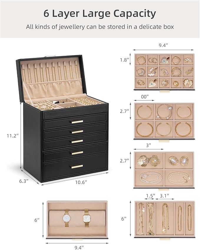 VLANDO 6 Layer Large Jewelry Box - Jewelry Holder Organizer, Jewelry Box Organizer for Drawer Necklace Ring Bracelet and Watch, Birthday Gift for Loved Ones - Black - Image 5