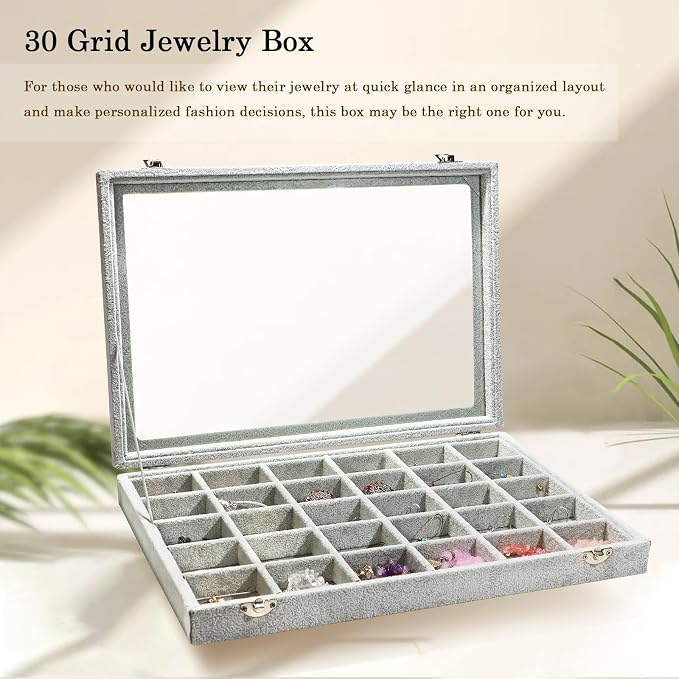 Stratalife Jewelry Organizer Jewelry Holder Storage Earring Organizer Box Tray with Lid Velvet Earring Display for Drawer 30 Grid Grey - Image 3