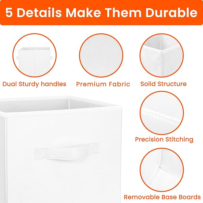 Criusia Storage Cubes, 11 Inch Cube Storage Bins for Shelves Closet Nursery Bedroom - 10 Pack Collapsible Baskets with Handles - Fabric Bins for Organizing Clothes Blanket Toys (White) - Image 6