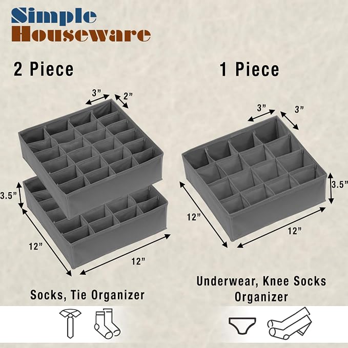 Simple Houseware Sock Drawer Organizer for Dresser/Closet/Bedroom, 3 Pack, Dark Gray - Image 2