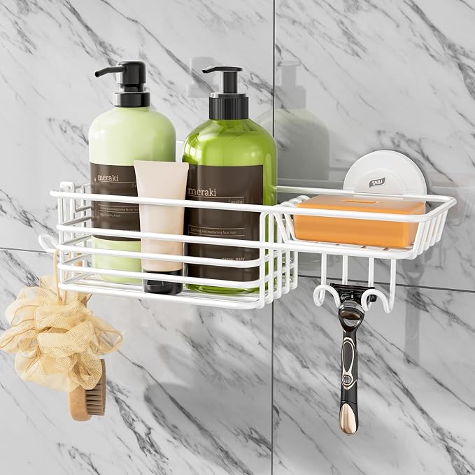 TAILI Shower Caddy Suction Cup with Hooks & Soap Holder, Heavy Duty Bathroom Shower Organizer, No Drilling Shelves for Inside Bathroom, Metal Storage Basket by TAILI
