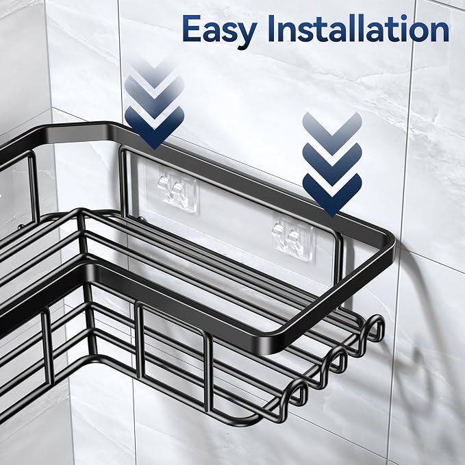 YASONIC Corner Adhesive Shower Caddy, with Soap Holder and 12 Hooks, Rustproof Stainless Steel Bathroom Organizer, No Drilling Wall Mounted Rack, Black, 3-Pack - Image 5