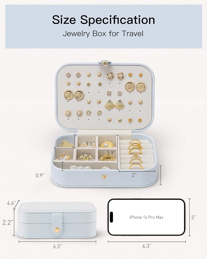 VLANDO Travel Jewelry Case, PU Leather Travel Jewelry Box with Earring Holder, Portable Display Mini Jewelry Case for Mothers Day Women Girls Gift - Blue - Image 3