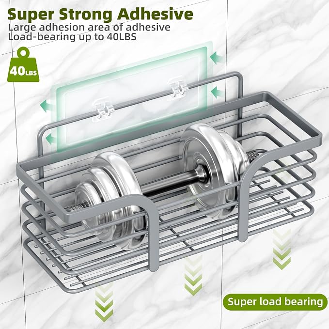 Yougai Shower Caddy, Shower Organizer with Soap Holder and Hooks, Rustproof Shower Shelves, No Drilling Bathroom Organizers and Storage, Wall-Mounted Kitchen & Home Decor, Light Grey - Image 4
