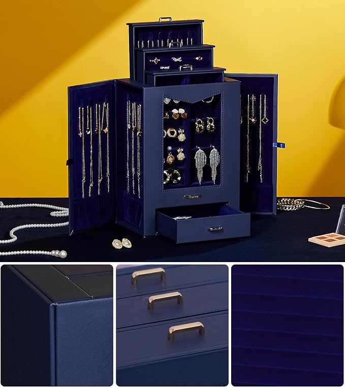 Homde Jewelry Organizer with Transparent Window Necklace Hooks Gift for Women Jewelry Box Display Case for Necklaces Rings Earrings Bracelets and Other Accessories (Dark Blue) - Image 7