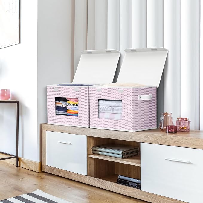 Univivi Fabric Foldable Storage Boxes [4-Pack] Large Collapsible Stackable Storage Bins with Lids, Closet Organizers and Storage Cube Basket for Home, Office, Bedroom (Pink, 17”x 12” x 12”) - Image 5