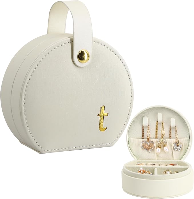 COLLECTIVE HOME - Travel Jewelry Case, Elegant Half-Moon Design with Gold Monogram, Detachable Handle, Personalized Accessory Organizer, Gift for Fashion-Forward Women and Teens (t) by COLLECTIVEHOME