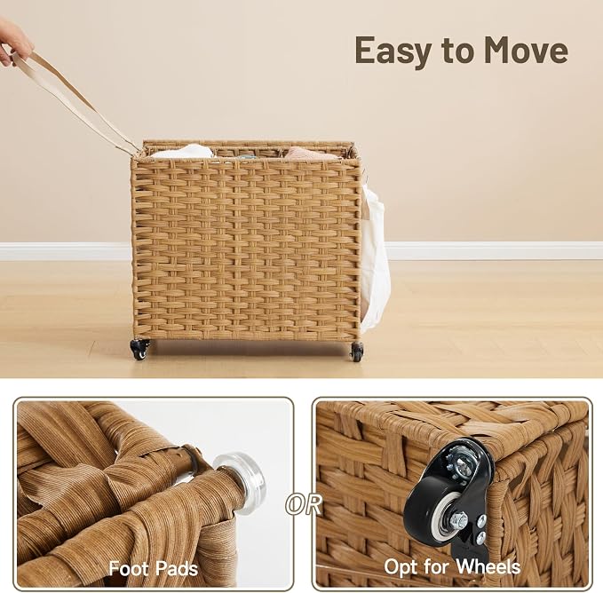 Laundry Hamper with Wheels, 34.3 Gallon(130L) Rolling Laundry Basket with Lid, 3-Section Rattan Clothes Hamper with 3 Removable Liner & 3 Mesh Bags, Laundry Sorter with Side Pocket, Natural - Image 5